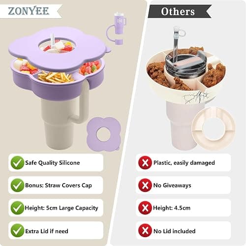 Zonyee Snack Bowl with Lid for Stanley 30 oz Tumbler with Handle, Silicone Snack Tray Snack Ring for Stanley Cup Accessories, Suitable for Car Cup Holder or Outdoor, Orchid thumbnail 3