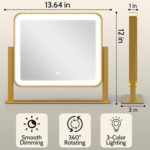 ROLOVE Gold Lighted Makeup Mirror, 14"x12" Vanity Mirror with Smart Touch Control, 3-Color Dimmable Lighting, 360° Rotation for Desk or Bedroom thumbnail 2