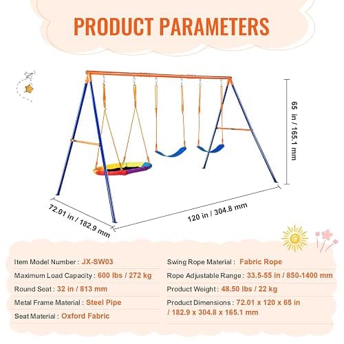 VEVOR Swing Sets for Backyard, with 1 Saucer Swing Seat, 2 Belt Swing Seats, 600lbs Load Capacity Swing Set, Heavy Duty A-Frame Metal Swing Stand and Adjustable Rope, Swingset Outdoor for Kids thumbnail 3