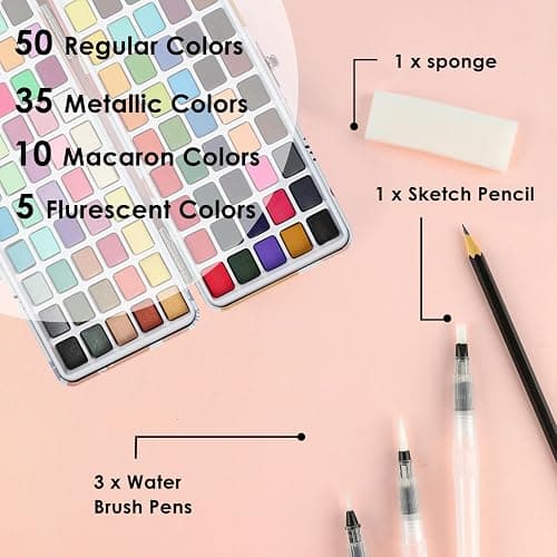 Grabie 100 Colors Watercolor Paint Set，Pack of 50 Regular, 35 Metallic, 10 Macaron and 5 Fluorescent Colors， Portable Metal Case, Water Brush Pens, and Accessories， For Beginners and Professionals thumbnail 3