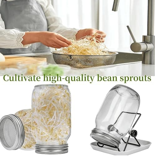 Lulonpon Sprouting Kit, 2 Sprouting Jar Kits, Wide Mouth Quart Mason Jars with Stainless Steel Screen Sprout Lids,1000ml, Stand and Canning Brush,Seed Sprouter Set for Growing Broccoli, Alfalfa thumbnail 6