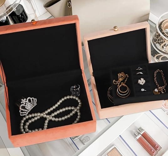 HofferRuffer Velvet Jewelry Boxes Decorative Boxes, Storage Accessory Organizer Boxes with Elegant Handle Decor, Classic Velvet Set of 2 Pieces (Orange) thumbnail 2