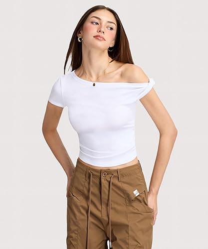 Curvphilo Women Summer Off Shoulder Tops Y2K Going Out T Shirts Double Lined Crop Top Fashion Clothes Trendy Outfits thumbnail 3