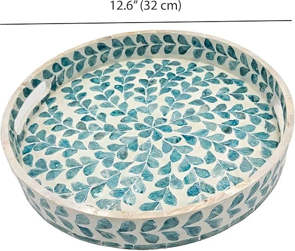 PEMAR 12.6” Mother of Pearl Round Serving Tray with Handles, Decorative Nacred Wooden Ottoman Coffee Table Tray (Teal Floral Pattern) thumbnail 3