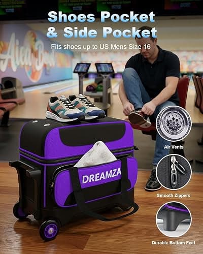 DREAMZA 2 Ball Bowling Bag with Wheels, Double Bowling Ball Bag 2 Ball Roller w/Separate Compartment for Shoes Up to US Mens Size 16, w/Retractable Handle Extends to 40" & Accessories Pocket thumbnail 4