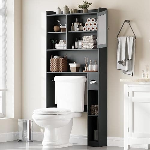 Vabches Over the Toilet Storage Cabinet with Glass Door, Above Toilet Storage Cabinet, Over Toilet Bathroom Organizer Space Saver, Behind Toilet Rack Shelf Cabinet, for Bathroom Laundry Restroom, Grey thumbnail 8