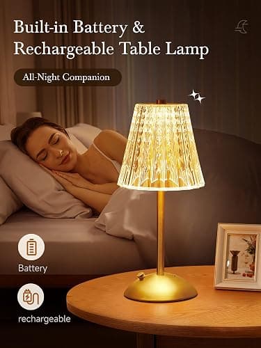 Valentines Gifts, Cordless Lamp, Crystal+Dimmable+3 Colors Rechargeable Lamp, Touch+2000mAh Battery Operated Vintage Ambient Light for Kitchen/Bedroom/Bathroom Shower, College Gifts for Teenage Girls thumbnail 8