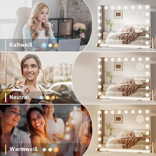 Dripex Hollywood Schminktischspiegel mit Beleuchtung, Hollywood Spiegel mit Beleuchtung, Schminkspiegel mit 18 Lampen und 3 Farbtemperatur Licht, Kosmetikspiegel mit Touch Steuerung, 80 x 60 cm Weiß thumbnail 4