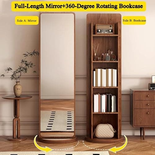 360º Swivel Full Length Mirror with 4-Tier Bookcase, Rotating Mirror with Shelves, 66.1×15.7in Full Body Standing Mirrors and Storage Rack for Bedroom, Living Room thumbnail 3
