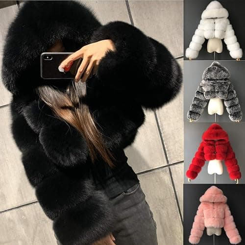 YRAETENM Womens Faux Fur Coat Trendy Zip Up Cropped Bubble Coats Long Sleeve Fleece Warm Short Winter Coats With Fuzzy Hoode thumbnail 2