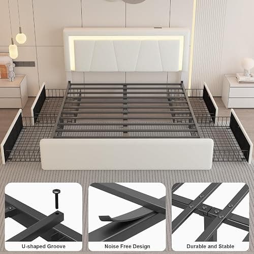 Full Size Bed Frame with 4 Storage Drawers and LED Lights, Upholstered Platform Bed with Adjustable Headboard and Charging Station, Metal Slats Support, No Box Spring Needed,Easy Assembly, White thumbnail 9