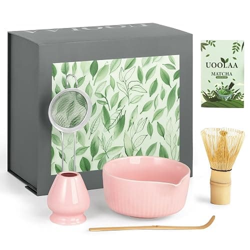 Pink Traditional Matcha Whisk Set, 5 Pcs Japanese Matcha Kit with Chawan Ceramic Bowl with Spout, Chasen Bamboo Whisk and Holder, Scoop, Sifter - Matcha Set Kit Gift for Ceremony Matcha Lattes Lover - Image 1