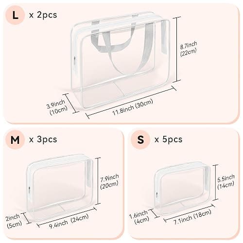 TISRATOK 10 PCS Clear Travel Makeup Toiletry Bag, Plastic PVC Cosmetic TSA Approved Organizer Kit with Zipper Handbag（White） thumbnail 2