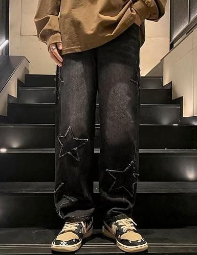 Y2k Star Jeans Men Graphic Baggy Jeans Emo Star Pants Grunge Patchwork Pants Streetwear thumbnail 4