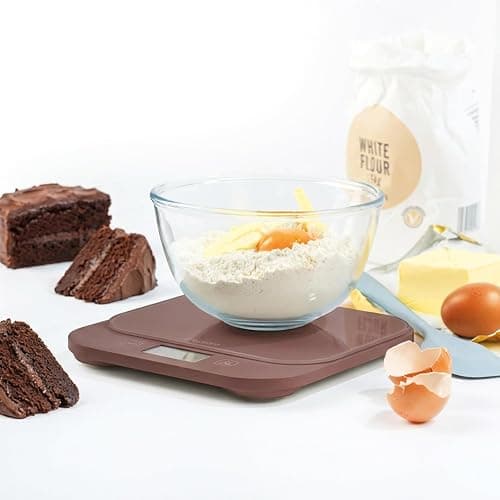 Salter British Bakes Digital Kitchen Scale 10kg, Waterproof Washable | 1g precision, tempered glass platform, tare add and weigh, measures liquids, backlit display, brown finish thumbnail 3