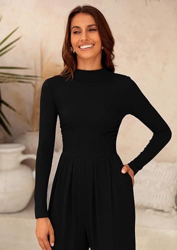 PRETTYGARDEN Long Sleeve Wide Leg Jumpsuits for Women | Soft Stretchy Mock Neck, One Piece Travel Outfit, Comfy Pockets, Elegant Romper for Fall Spring Work, Casual Outing & Cruise thumbnail 5