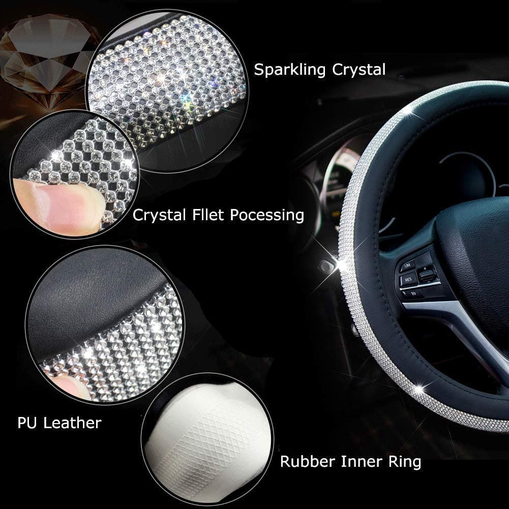 New Diamond Leather Steering Wheel Cover with Bling Bling Crystal Rhinestones, Universal Fit 38 CM Car Wheel Protector for Women Girls thumbnail 4