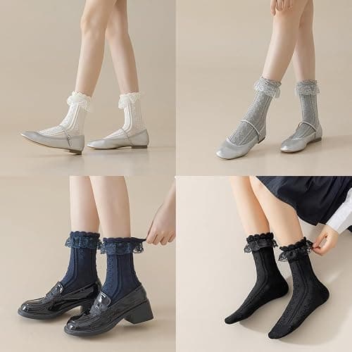 BIVOLU Womens Crew Socks Lace Ruffle Frilly Cotton Cute Princess Ankle Dress Socks for Girl 5 Pack thumbnail 7