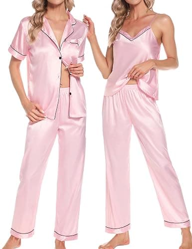 SWOMOG Womens 4pcs Pajamas Sets Short Sleeve Camisole with Button Down Shirt Pjs Silk Satin Sleepwear Loungewear thumbnail 4