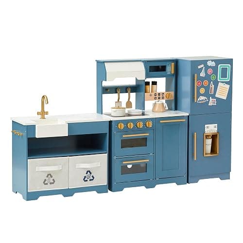 Teamson Kids Little Chef Atlanta Modular Wooden Play Kitchen, 3-Piece Pretend Set with 17 Accessories, Blue/White/Gold, Realistic Features for Toddlers & Kids, Cocina de Juguete Moderna thumbnail 6