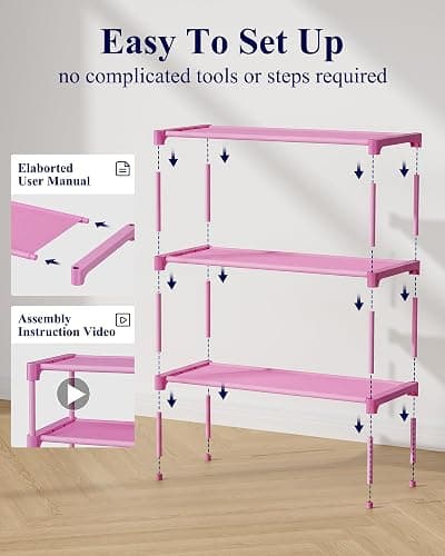 Kitsure Shoe Rack - Non-Woven Shoe Rack Shelf, Shoe Organizer for Closet, Entryway, Garage & Corridor, Stackable Shoe Shelves, 27.5" Wide - 3 Tier, Pink thumbnail 3