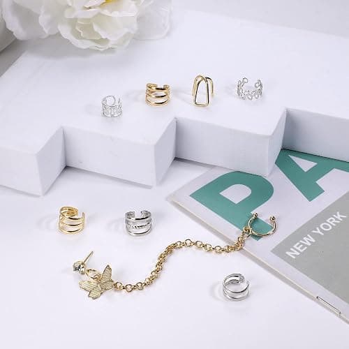 FINREZIO 64PCS Ear Cuff Earrings for Women, Non Piercing Clip On Wrap Cartilage Earrings Helix Ear Cartilage Ear Cuffs, Ear Clip Fake Earrings Adjustable thumbnail 8