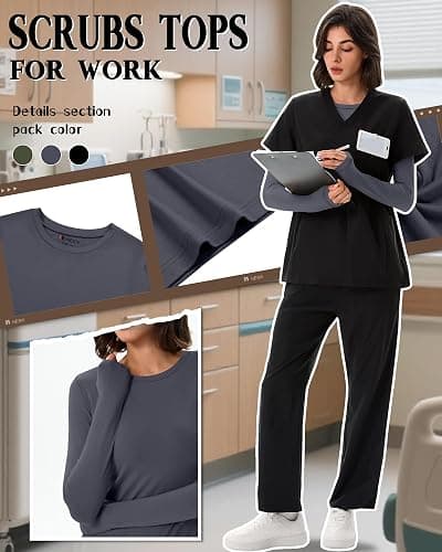 Neer 3 Pack Womens Underscrub Shirts Long Sleeve Crewneck Tops Fitted Layering Clothes Comfort Knit Tops for Nurse thumbnail 2