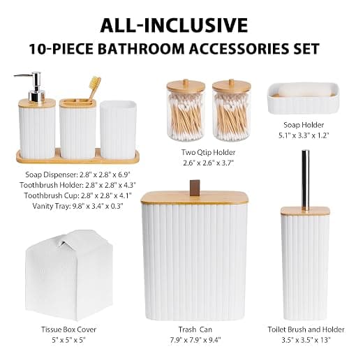 Bathroom Accessory Set - 10 Piece White Bathroom Sets Complete with Trash Can, Toothbrush Holder & Cup, Soap Dispenser, Soap Dish, Toilet Brush & Holder, Vanity Tray, Qtip Holder, Tissue Box Cover thumbnail 7