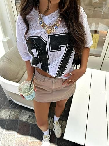 Oversized Jersey Shirts for Women Y2k Number Graphic Print V Neck Short Sleeve Aesthetic Summer T-Shirt Streetwear thumbnail 5