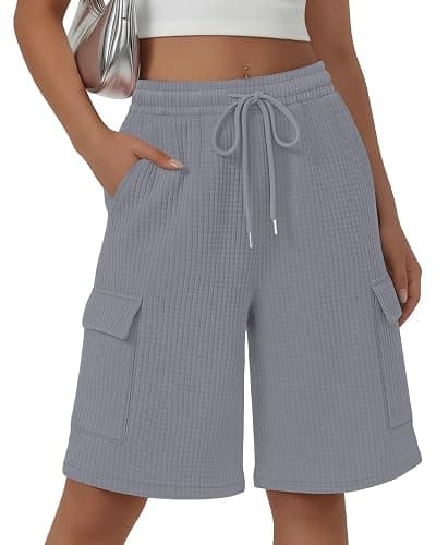 JoyMotion Women's Waffle Cargo Bermuda Shorts | Knee Length Sweatshorts, Wide Leg Shorts, with Elastic Waist Pocket, Casual Summer Clothes, Workout Lounge, Breathable Fabric - Image 1