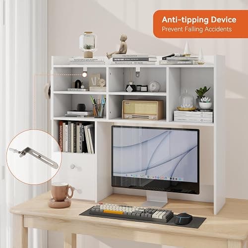 ELECWISH Desktop Bookshelf, Desk Shelf with 2 Drawers for Computer Desk, 36.22" 7-Tier Adjustable Desktop Hutch Organizer with Pegboard for Home Office, White thumbnail 5