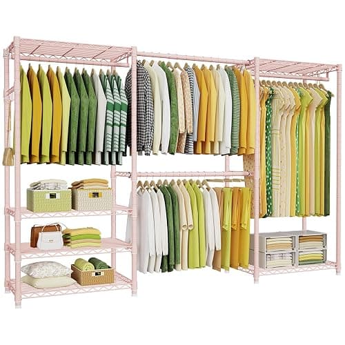 Ulif E1 Heavy Duty Closet Garment Rack, 6 Tiers Adjustable Metal Freestanding Expandable Clothing Storage with 4 Hanger Rods, Easy to Assemble Wardrobe, 71.4" H x (70" - 88.2") L x 14" D, Pink - Image 1