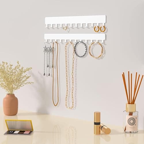 Self-Adhesive Wall Necklace Organizer: 2-Pack White Jewelry Holder for Tangle-Free Necklace Storage and Easy Mounting thumbnail 2