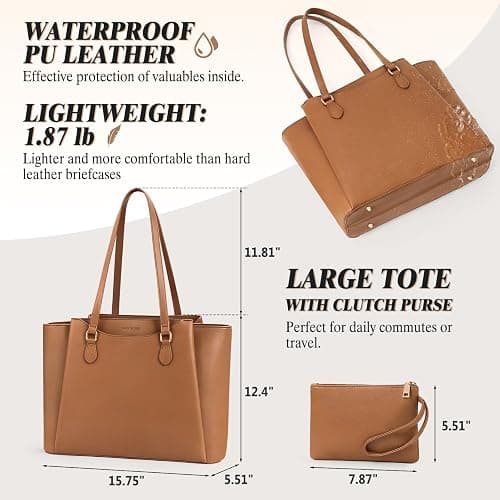 RAINSMORE Laptop Bag for Women 15.6 Inch Work Tote Bags Waterproof Computer Bags Leather Professional Laptop Purse Womens Laptop Briefcase Large Handbag for Office Teacher Travel, Brown thumbnail 5