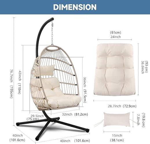 Goutime Hanging Egg Chair with Stand and Waterproof Cover, Foldable Egg Swing Chair with UV Resistant Cushion 450lbs Capacity for Indoor Bedroom Garden Backyard (Apricot Gray) thumbnail 2