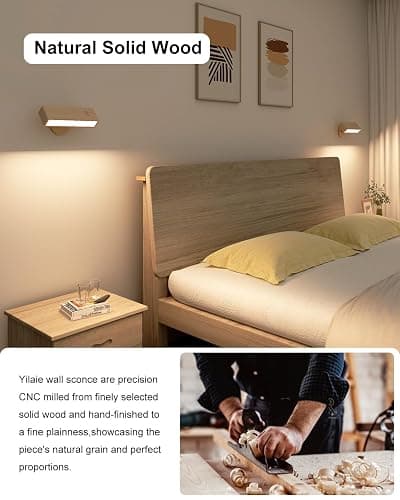 YiLaie Wall Sconces Battery Operated Set of Two,Rechargeable Wall Lamps for Bedroom,Wall Lights Wireless Dimmable,Wood Wall Sconce with 360 Rotation,Peel and Stick Wall Sconces for Bedroom Bedside thumbnail 2