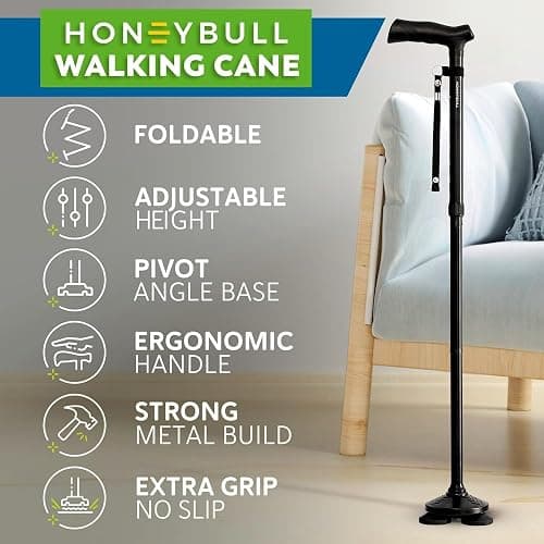 HONEYBULL Walking Cane for Men & Women, Foldable Free Standing Cane | Adjustable Height, Collapsible Design, Heavy-Duty, Pivot Base for Stable Support, Ergonomic Handle thumbnail 2