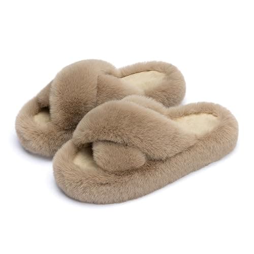 Chantomoo Women's Blue Memory Foam Faux Fur Lined Open Toe Slippers for Women - US 12 - Image 1