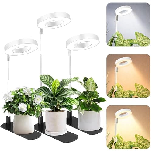 LBW Grow Lights for Indoor Plants, Full Spectrum Halo Grow Light with Base | 48 LED Plant Light for Small Plant, Base/Soil Stake, 7.8-26" Adjustable, 6/8/12/16H Timer, 3 Color Mode, 5 Brightness, 3 pack - Image 1