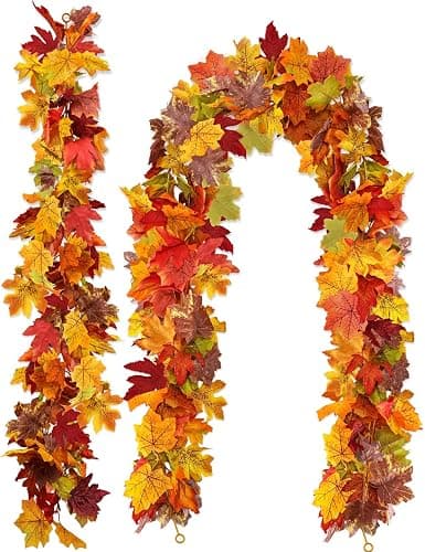 wohohoho 2 Packs Fall Garland Maple Leaf, 5.9Ft/Pieces Fall Leaves Garland 7 Maple Leaves Hanging Vines for Autumn Decor Halloween Thanksgiving Christmas Indoor Outdoor Decorations | Artificial Fall Leaves Garland with Hooks, Autumn Thanksgiving Halloween Decor for Mantle Fireplace Door Indoor Outdoor - Image 1