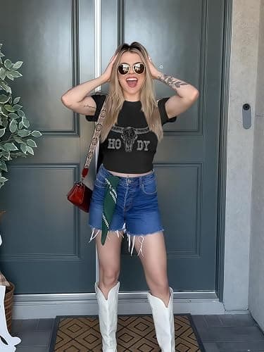 Tewmeu Cowgirl Outfits for Women Crop Tops for Teen Girl Y2k Clothes Cowboy Country Concert Graphic Tee Tops thumbnail 5