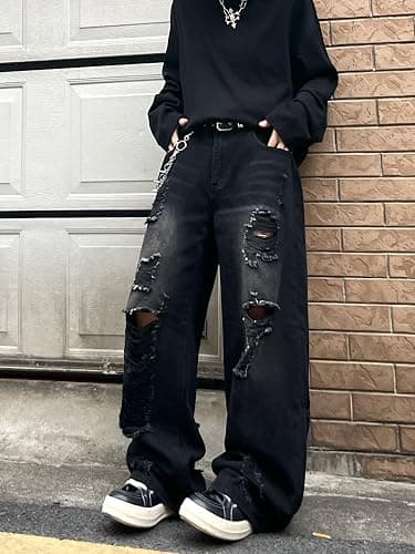 DFGIGT Hip Hop Baggy Jeans for Men with Hole Distressed Wide Leg Skater Jeans Loose Fit Denim Pants Streetwear thumbnail 4