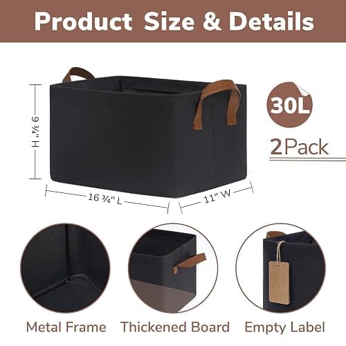 CHICVITA 30L Large Fabric Storage Baskets for Shelves, 2-Pack, Black | 16 ¾" L x 11" W x 9 ¾" H, Metal Frame, Leather Handles, Clothes, Toys & Towels Storage, Closet & Living Room Organization thumbnail 3