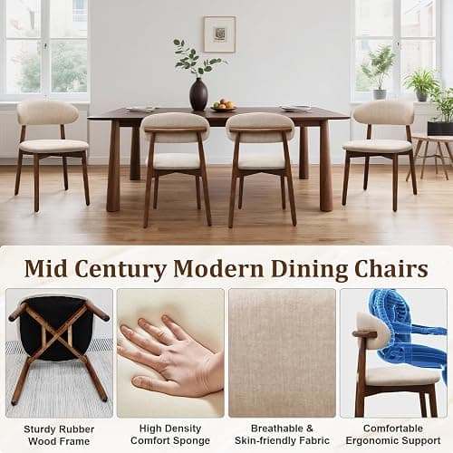 Farmhouse Dining Chairs Set of 4, Mid Century Modern Fabric Upholstered Kitchen Chairs, Wooden Dining Room Chair with Curved Back for Kitchen Dining Room Restaurant Cafe, Light Camel (Only Chairs) thumbnail 3