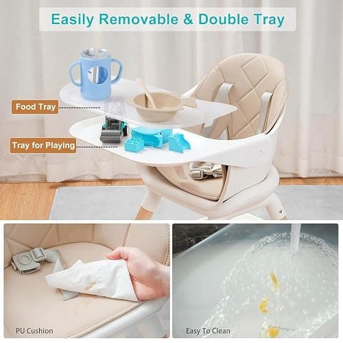 Komcot High Chair, 6 in 1 Convertible High Chairs for Babies and Toddlers | Wooden Baby High Chair, Toddler Highchair with Double Tray & Reversible Footrest, 5-Point Harness Baby Feeding Chair, Beige thumbnail 5