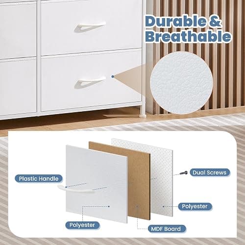 DUMOS Dresser for Bedroom with 8 Fabric Drawers, Tall Chest Organizer Units for Clothing, Closet, Kidsroom, Storage Tower with Cabinet, Metal Frame, Wooden Top, Lightweight Nursery Furniture, White thumbnail 5