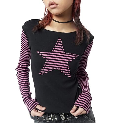 Women Vintage Star Pattern Stripes Patchwork T Shirts Long Sleeve Crew Neck Crop Top Casual Y2K 90s Streetwear - Image 1