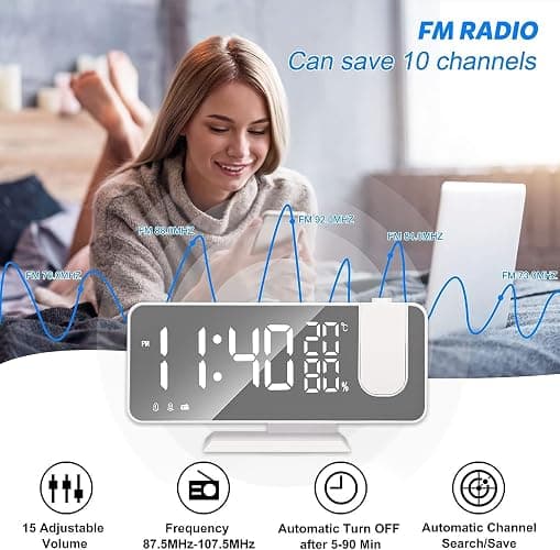 Projection Alarm Clock, Beedove Digital Clock with 180° Rotatable Projector, USB Charger Port, Dimmer, LED Large Mirror Display, Timer, Snooze, 12/24H, Digital Alarm Clock for Bedroom (White) thumbnail 6