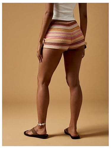 SOLY HUX Women's Knit Striped Micro Shorts Y2k Crochet Beach Mini Shorts | Cover Up Shorts, Color Block, Elastic Waist, Low Rise, Cute, Summer, Festival thumbnail 2