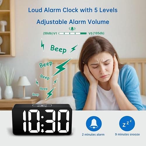 DreamSky Small Digital Alarm Clocks for Bedrooms - RGB Electric Alarm Clock for Kids Bedside Nightstand, Desk Clock with Large Numbers, Dimmer, Adjustable Alarm Volume, USB Port, USB-C Adapter Powered thumbnail 5